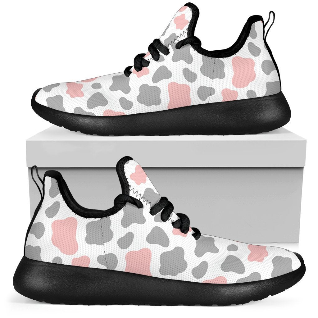 Pink Grey And White Cow Print Mesh Knit Shoes GearFrost