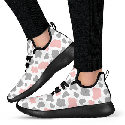 Pink Grey And White Cow Print Mesh Knit Shoes GearFrost