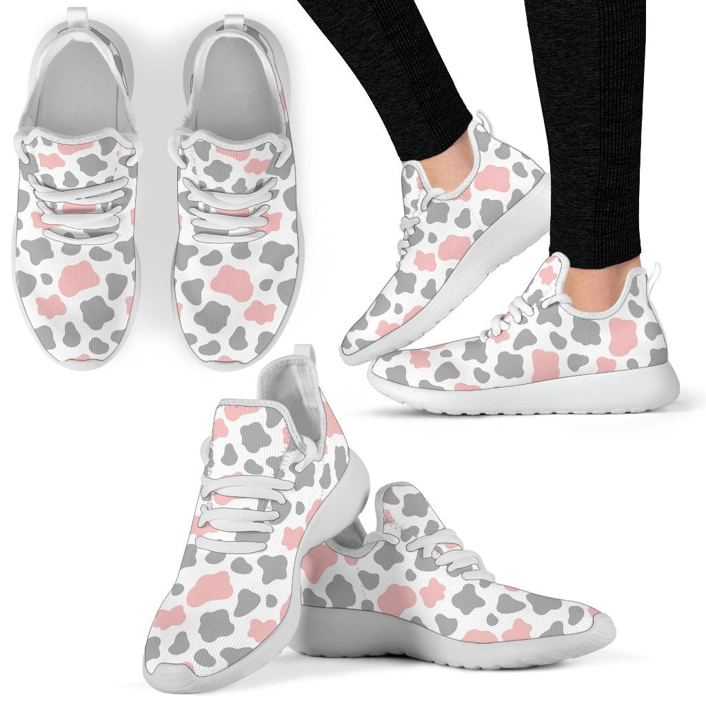 Pink Grey And White Cow Print Mesh Knit Shoes GearFrost
