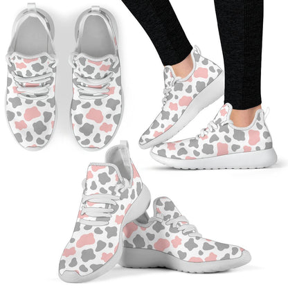 Pink Grey And White Cow Print Mesh Knit Shoes GearFrost