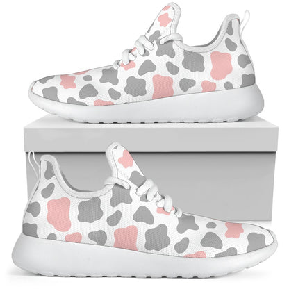 Pink Grey And White Cow Print Mesh Knit Shoes GearFrost