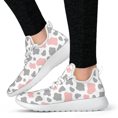Pink Grey And White Cow Print Mesh Knit Shoes GearFrost