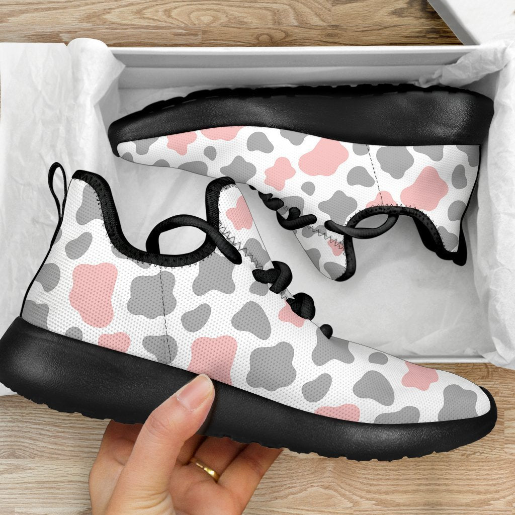 Pink Grey And White Cow Print Mesh Knit Shoes GearFrost