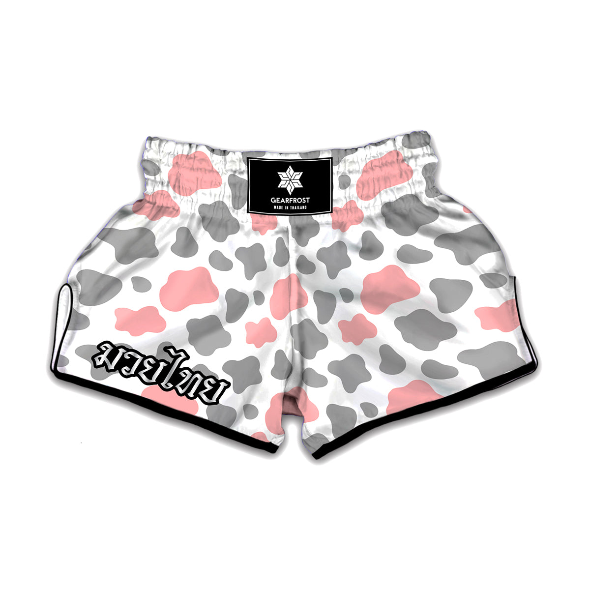Pink Grey And White Cow Print Muay Thai Boxing Shorts