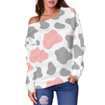 Pink Grey And White Cow Print Off Shoulder Sweatshirt GearFrost
