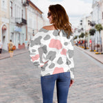 Pink Grey And White Cow Print Off Shoulder Sweatshirt GearFrost