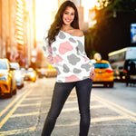 Pink Grey And White Cow Print Off Shoulder Sweatshirt GearFrost