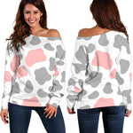 Pink Grey And White Cow Print Off Shoulder Sweatshirt GearFrost