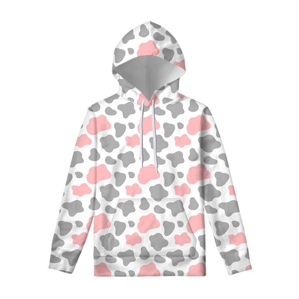 Pink Grey And White Cow Print Pullover Hoodie