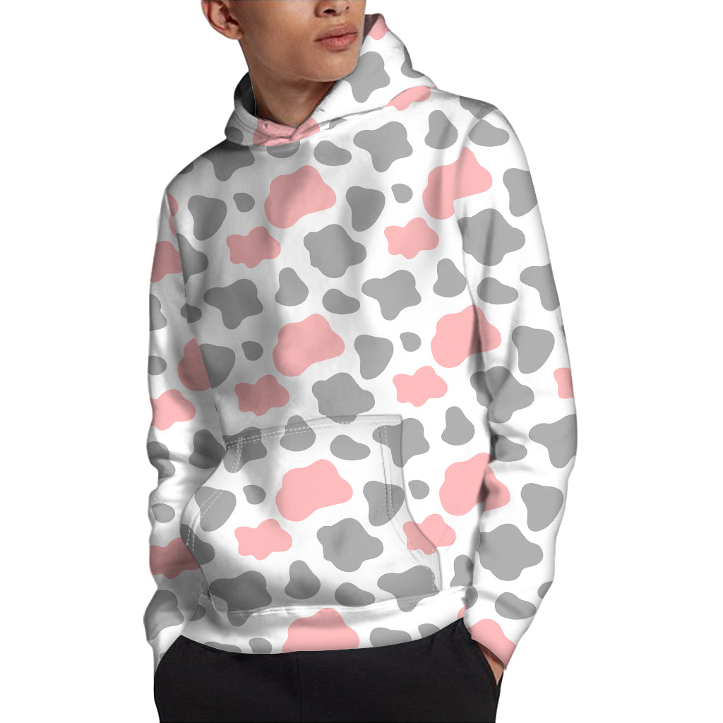 Pink Grey And White Cow Print Pullover Hoodie