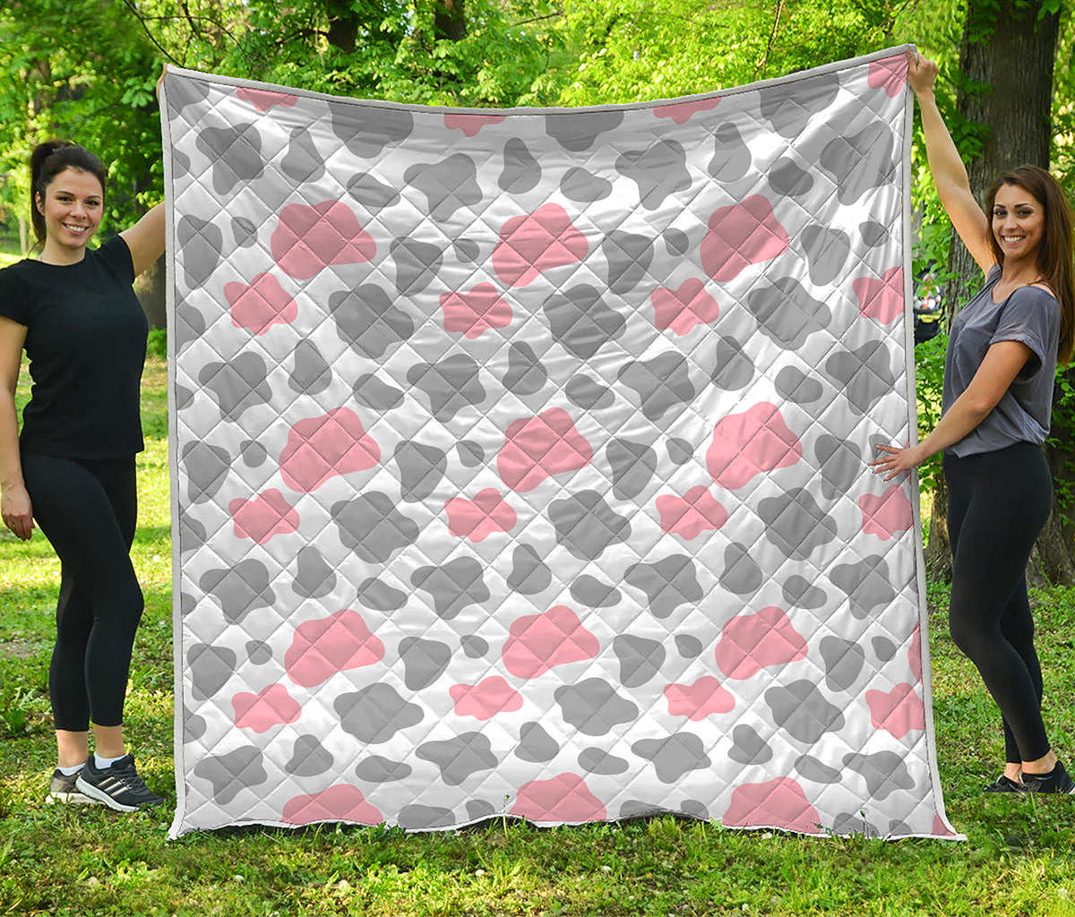 Pink Grey And White Cow Print Quilt