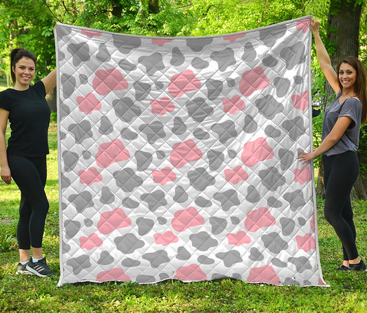 Pink Grey And White Cow Print Quilt
