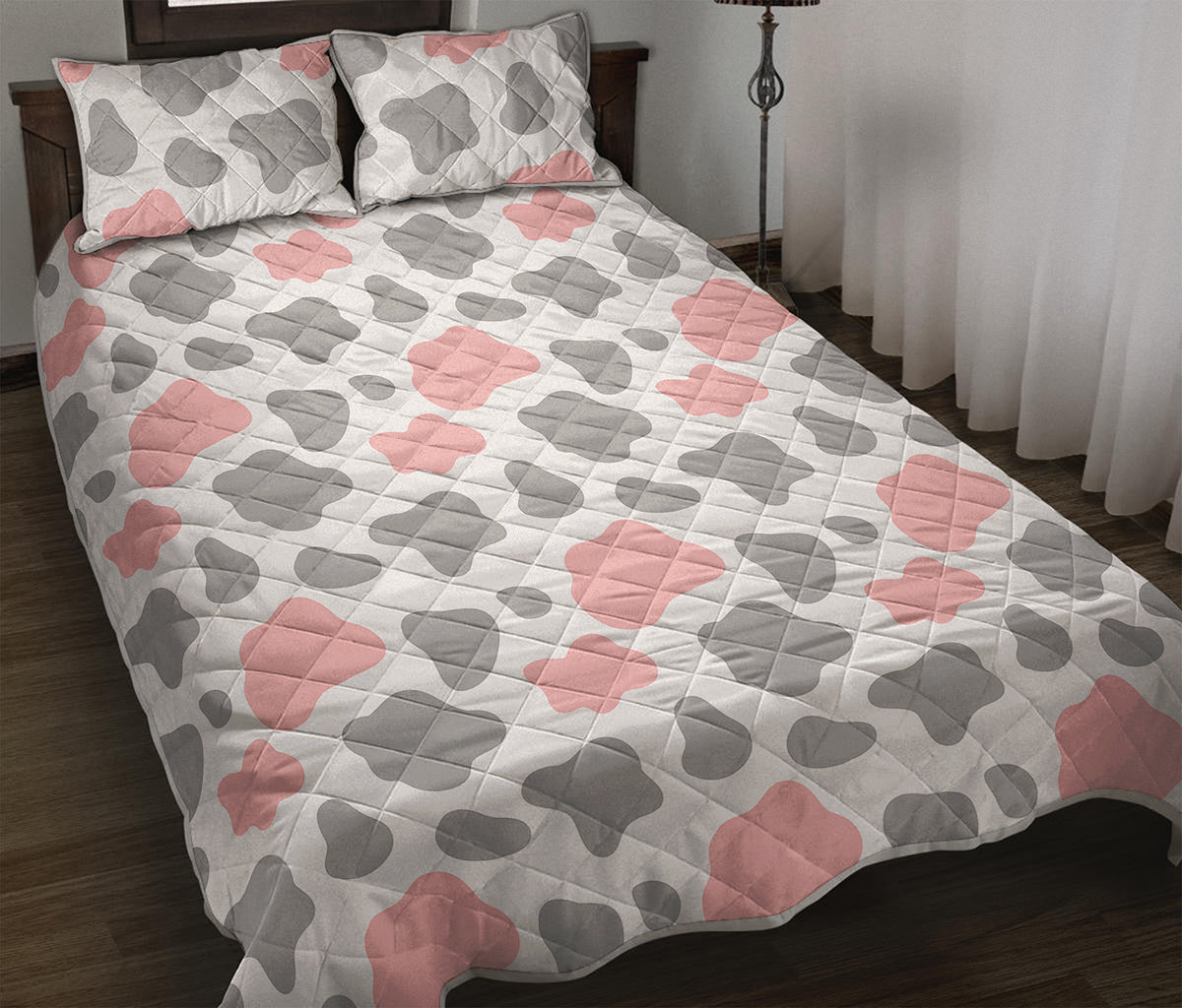 Pink Grey And White Cow Print Quilt Bed Set