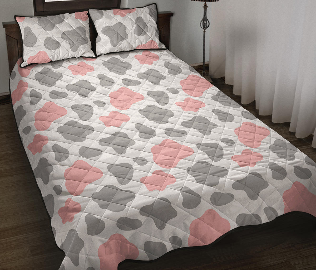 Pink Grey And White Cow Print Quilt Bed Set