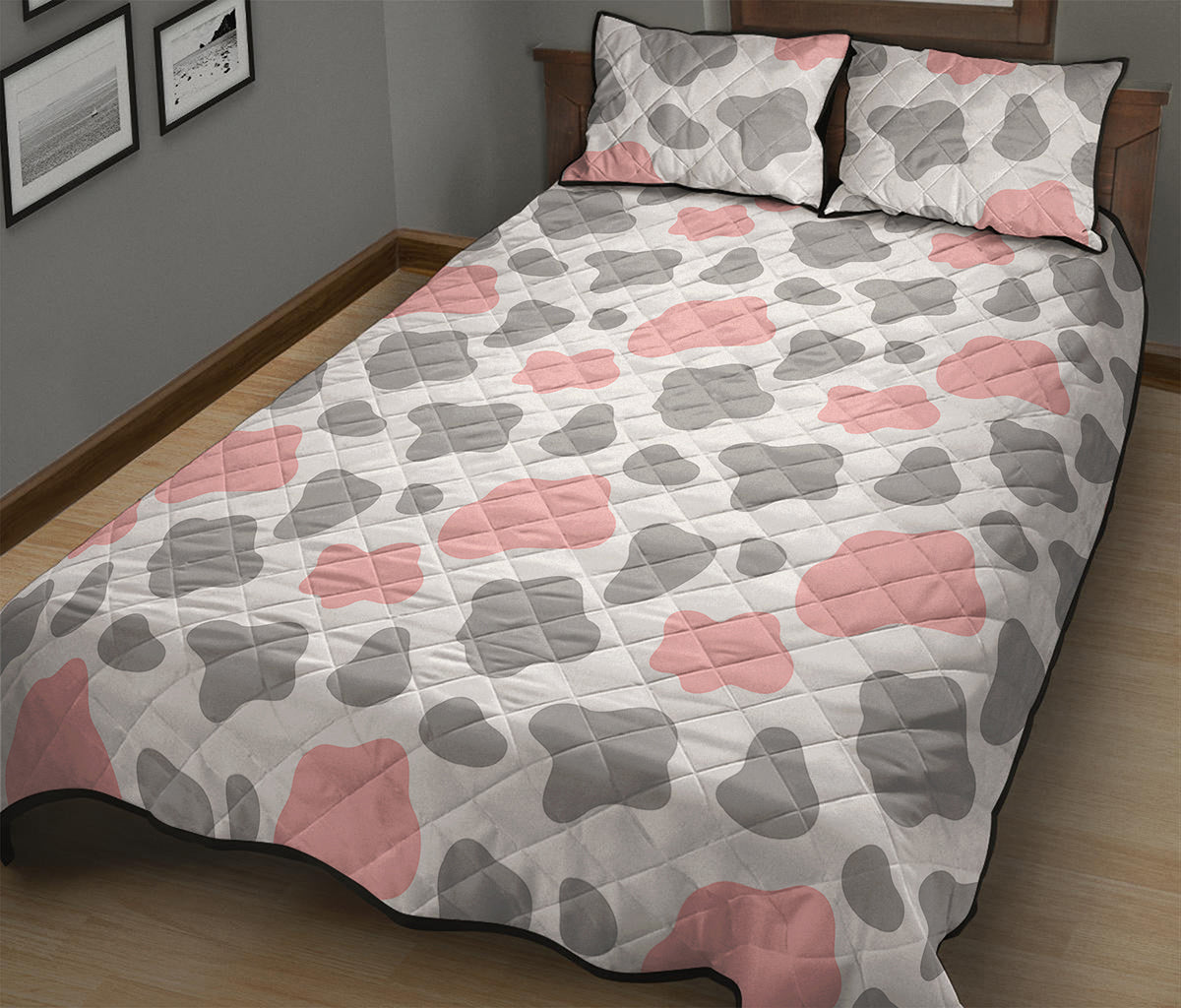 Pink Grey And White Cow Print Quilt Bed Set
