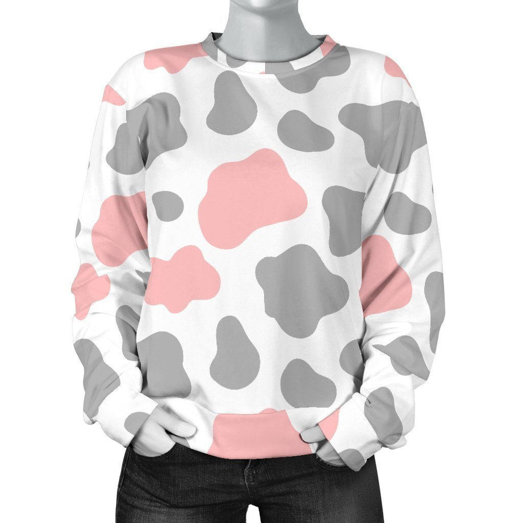 Pink Grey And White Cow Print Women's Crewneck Sweatshirt GearFrost