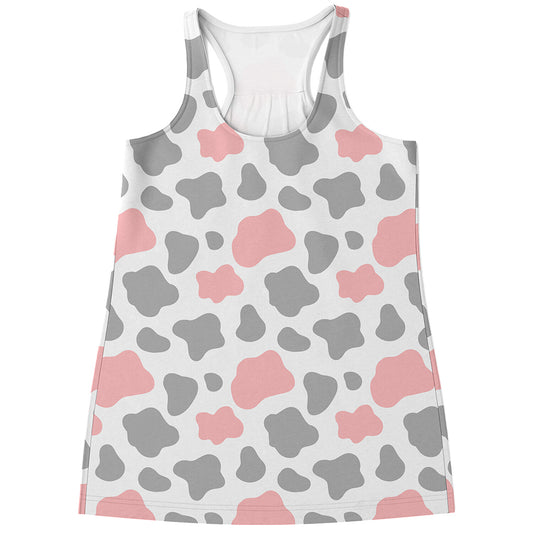 Pink Grey And White Cow Print Women's Racerback Tank Top