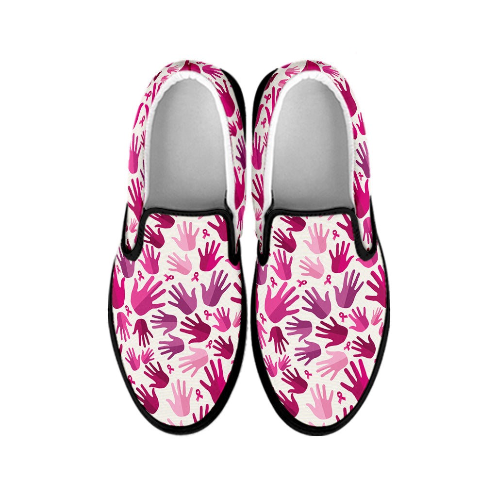 Pink Hand Breast Cancer Pattern Print Black Slip On Shoes