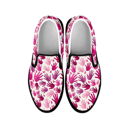 Pink Hand Breast Cancer Pattern Print Black Slip On Shoes