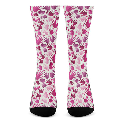 Pink Hand Breast Cancer Pattern Print Crew Socks