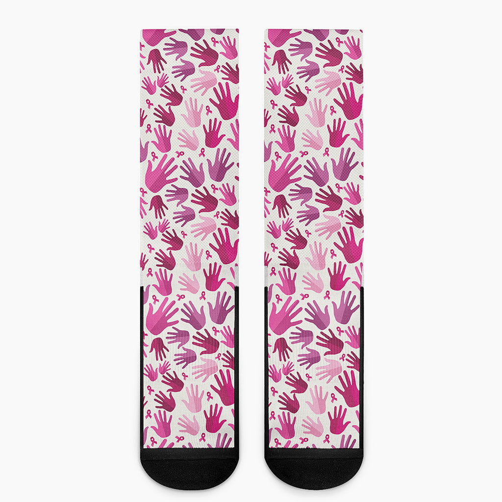 Pink Hand Breast Cancer Pattern Print Crew Socks