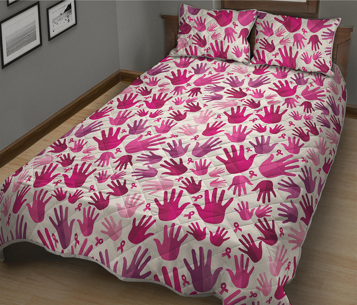 Pink Hand Breast Cancer Pattern Print Quilt Bed Set