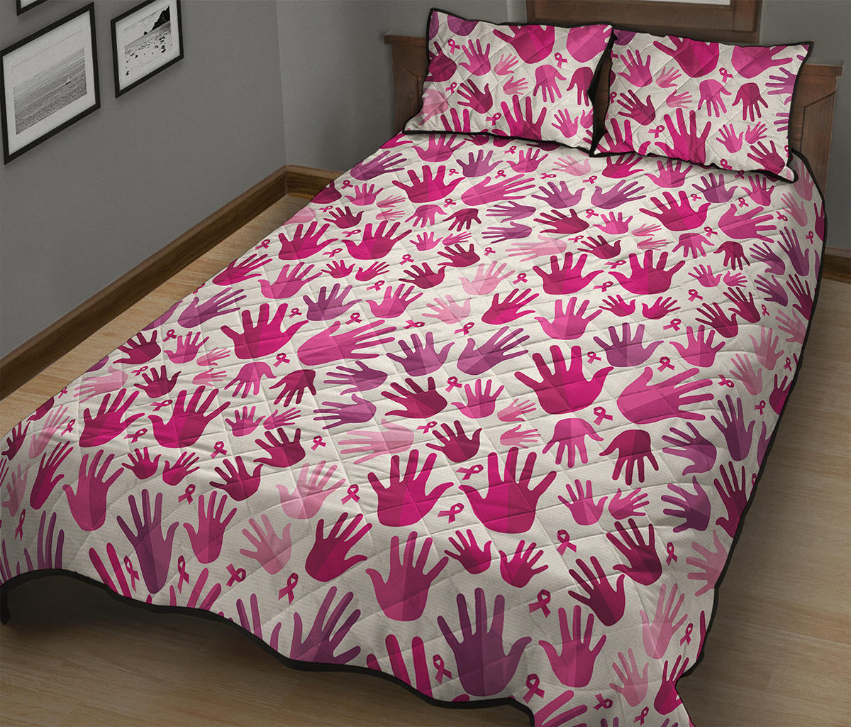 Pink Hand Breast Cancer Pattern Print Quilt Bed Set
