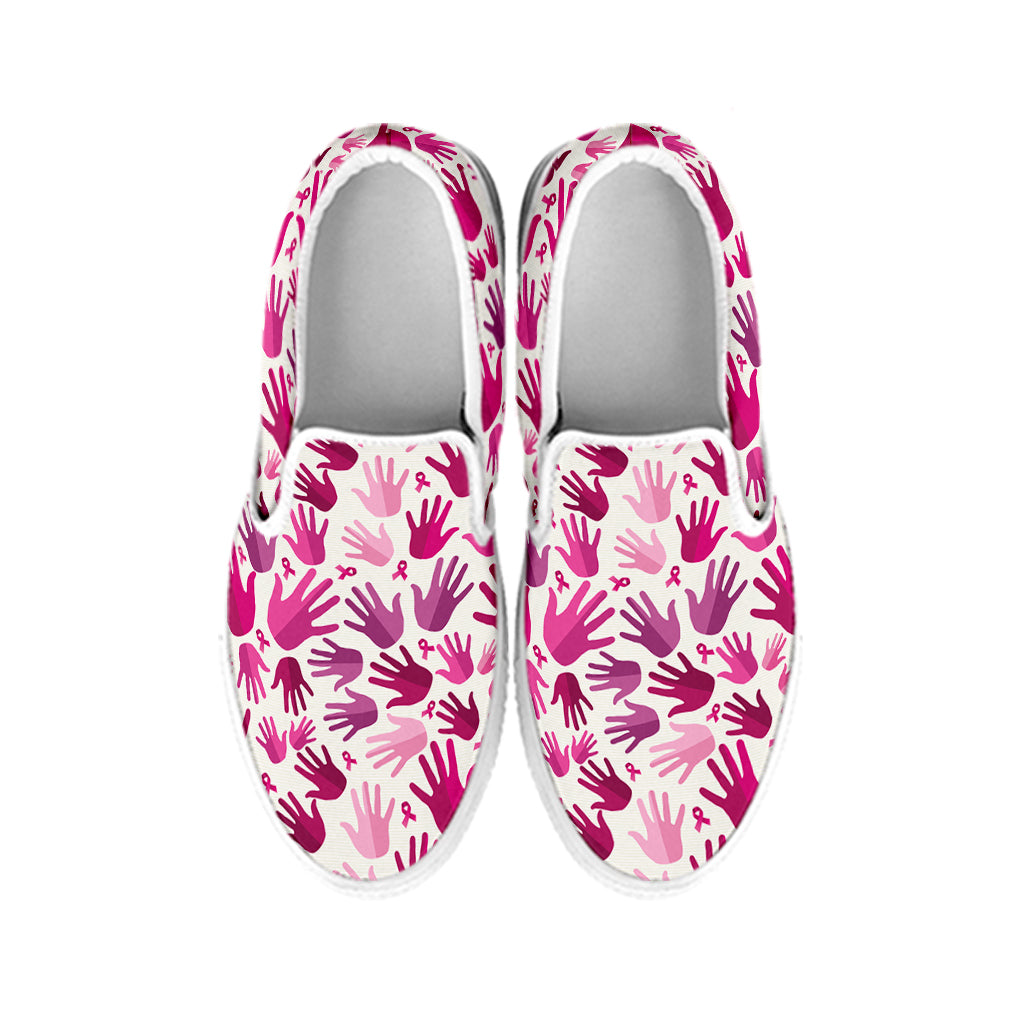 Pink Hand Breast Cancer Pattern Print White Slip On Shoes