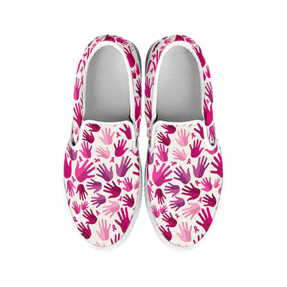 Pink Hand Breast Cancer Pattern Print White Slip On Shoes