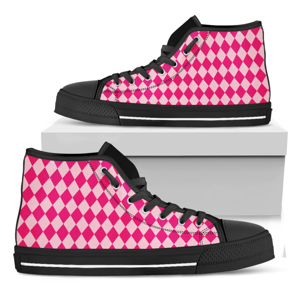 Pink Harlequin Pattern Print Black High Top Shoes
