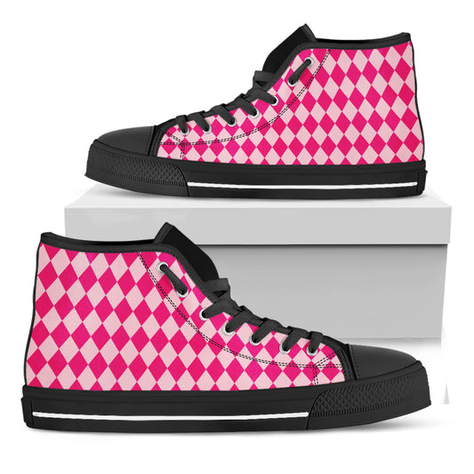Pink Harlequin Pattern Print Black High Top Shoes