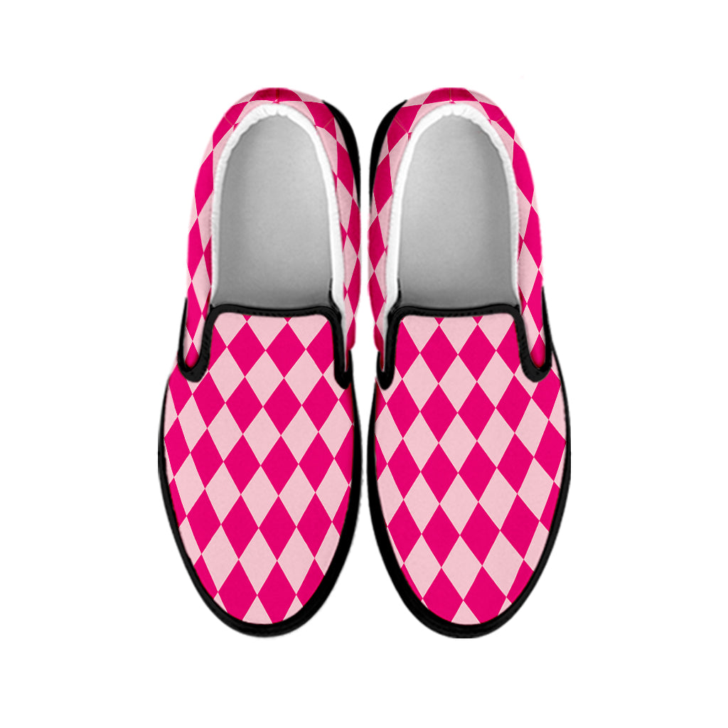 Pink Harlequin Pattern Print Black Slip On Shoes