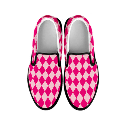 Pink Harlequin Pattern Print Black Slip On Shoes