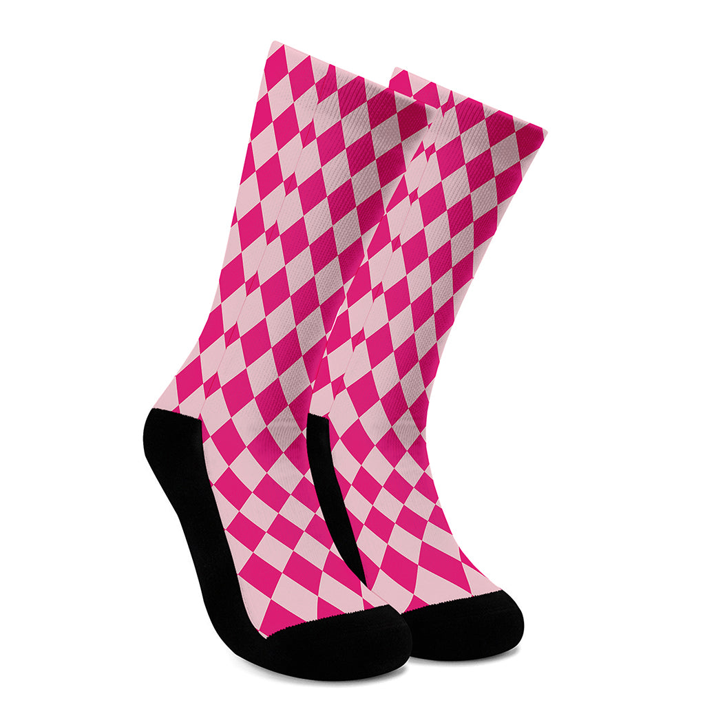 Pink Harlequin Pattern Print Crew Socks