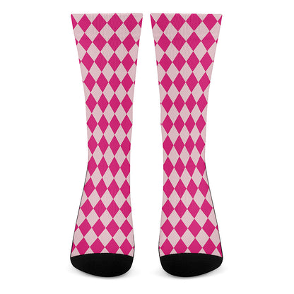 Pink Harlequin Pattern Print Crew Socks
