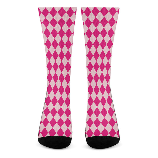 Pink Harlequin Pattern Print Crew Socks