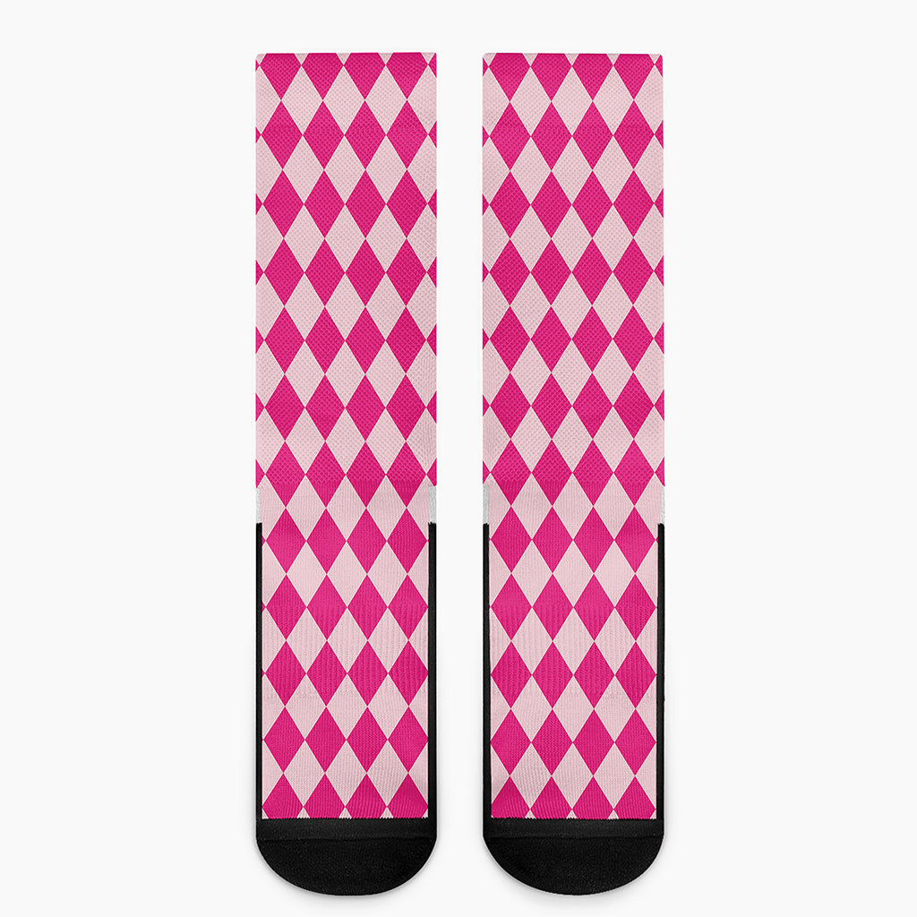 Pink Harlequin Pattern Print Crew Socks