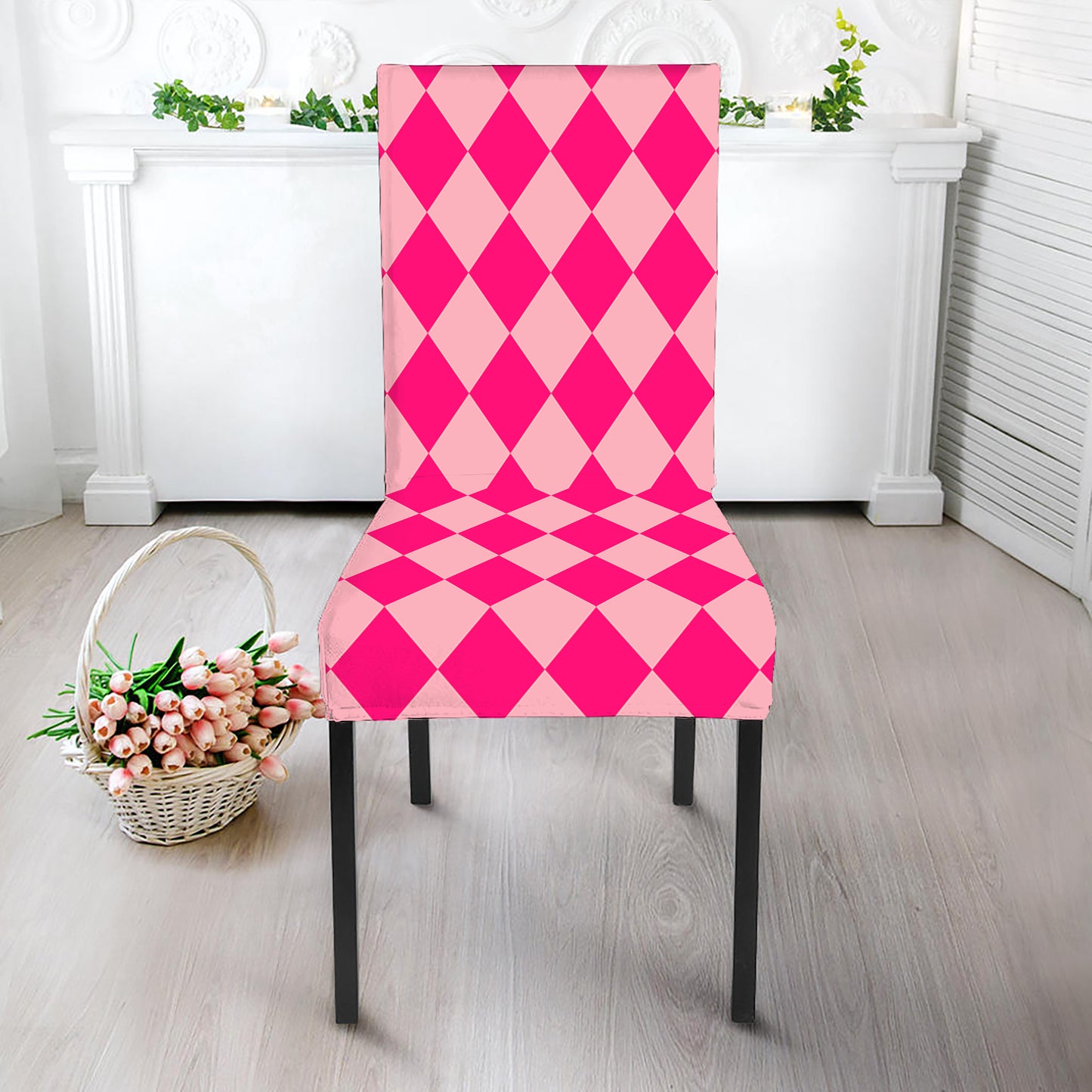 Pink Harlequin Pattern Print Dining Chair Slipcover