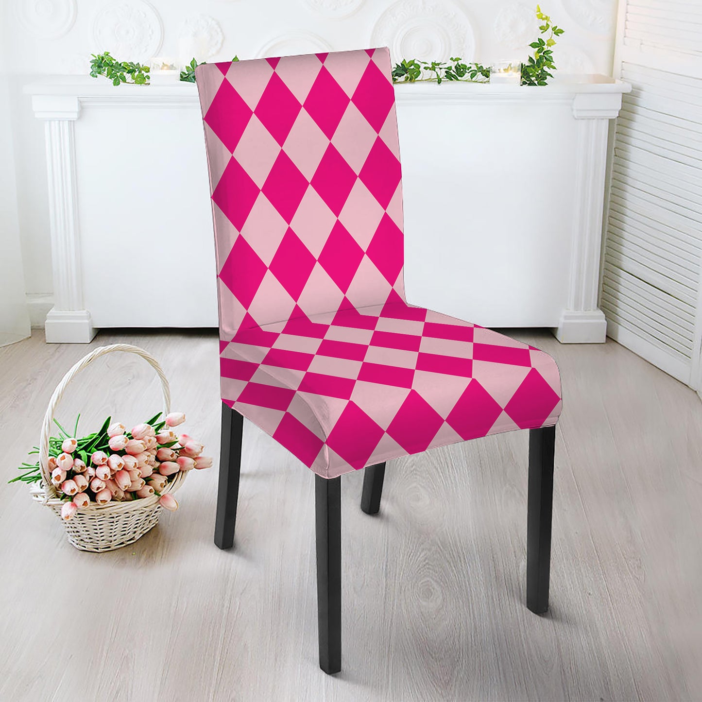 Pink Harlequin Pattern Print Dining Chair Slipcover