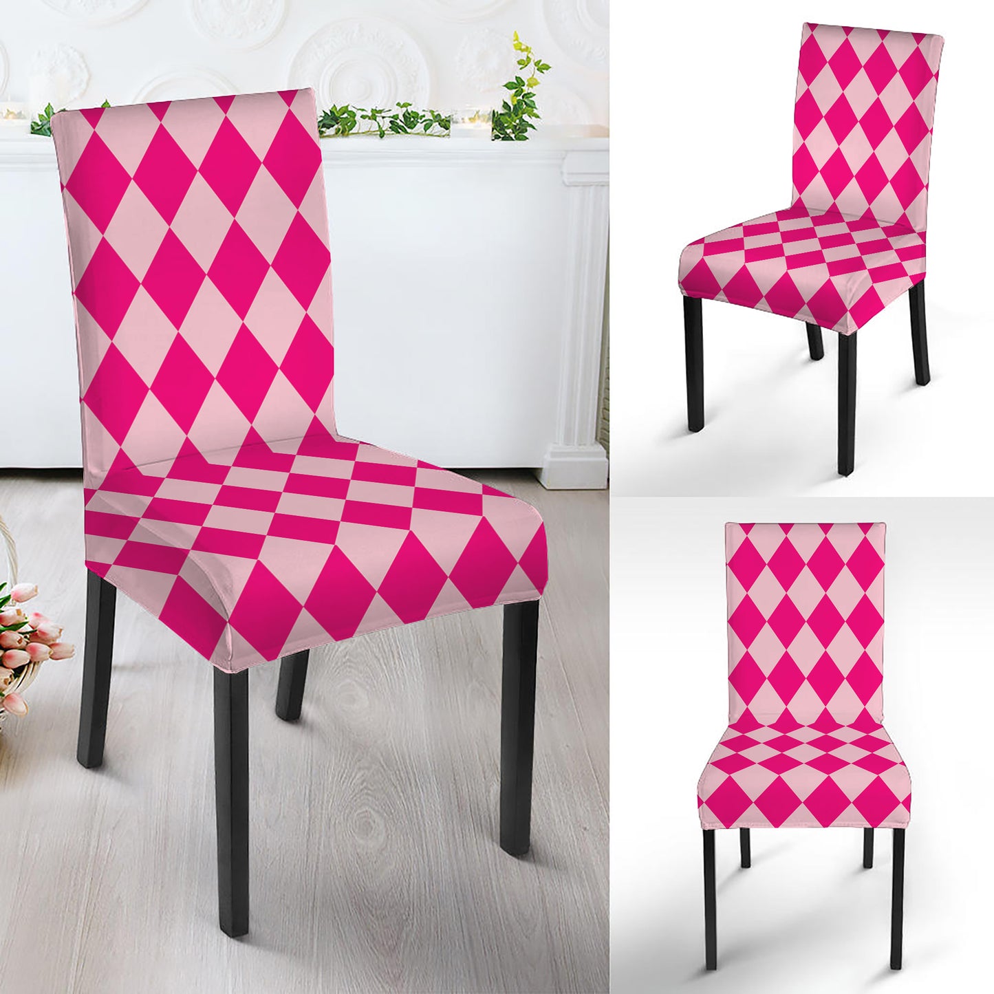 Pink Harlequin Pattern Print Dining Chair Slipcover