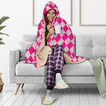 Pink Harlequin Pattern Print Hooded Blanket
