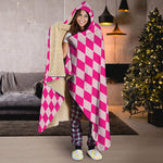 Pink Harlequin Pattern Print Hooded Blanket