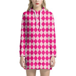 Pink Harlequin Pattern Print Hoodie Dress