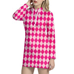Pink Harlequin Pattern Print Hoodie Dress