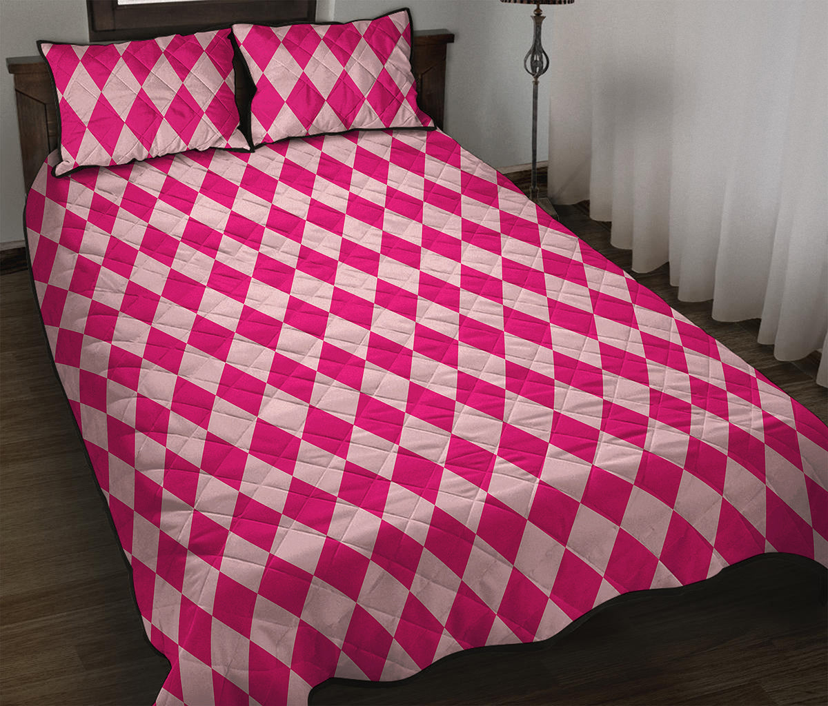 Pink Harlequin Pattern Print Quilt Bed Set