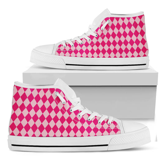 Pink Harlequin Pattern Print White High Top Shoes