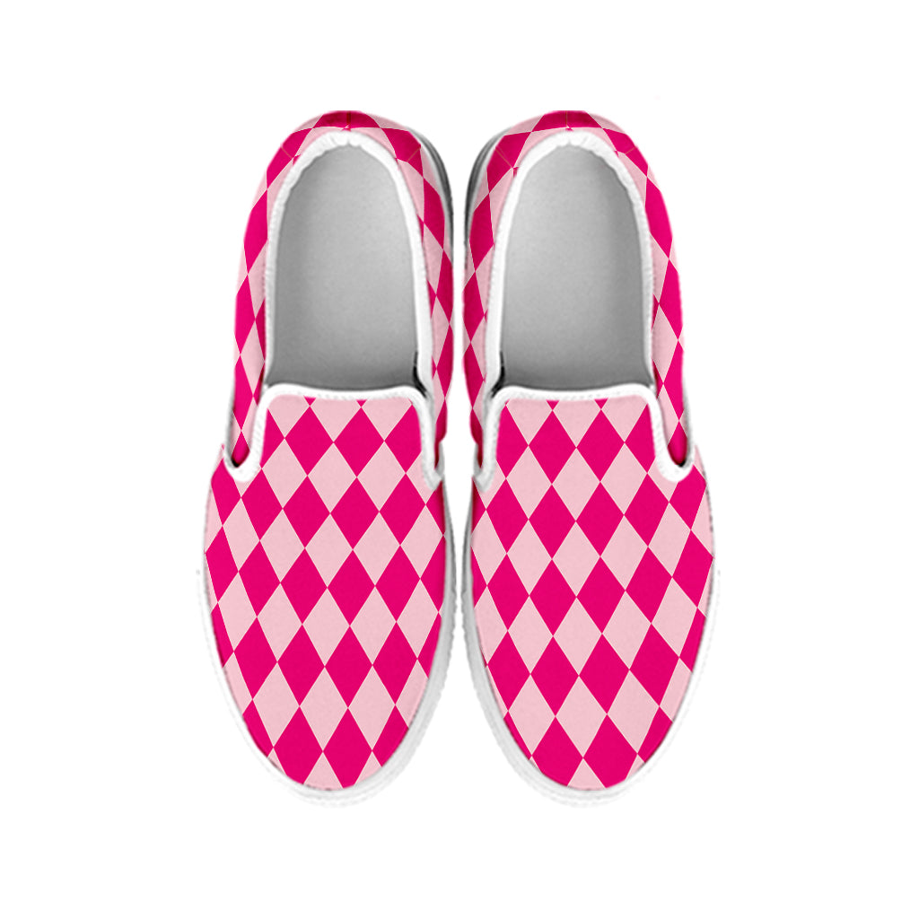 Pink Harlequin Pattern Print White Slip On Shoes