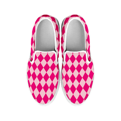 Pink Harlequin Pattern Print White Slip On Shoes