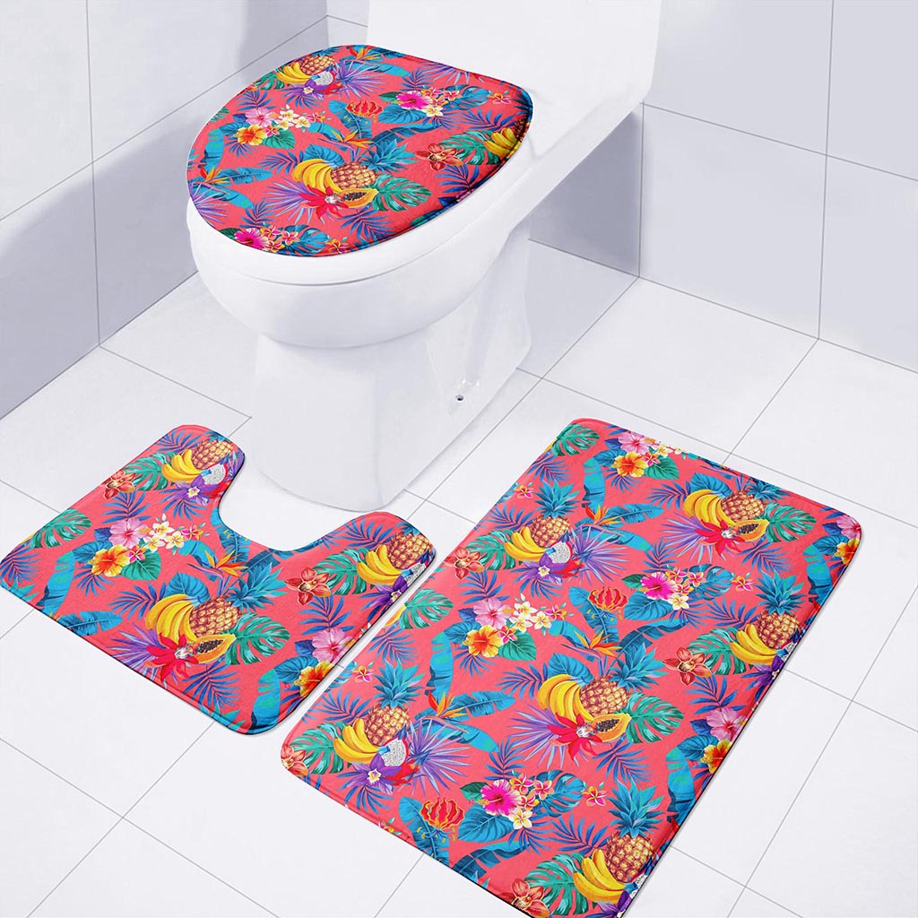 Pink Hawaiian Fruits Pattern Print 3 Piece Bath Mat Set