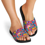 Pink Hawaiian Fruits Pattern Print Black Slide Sandals